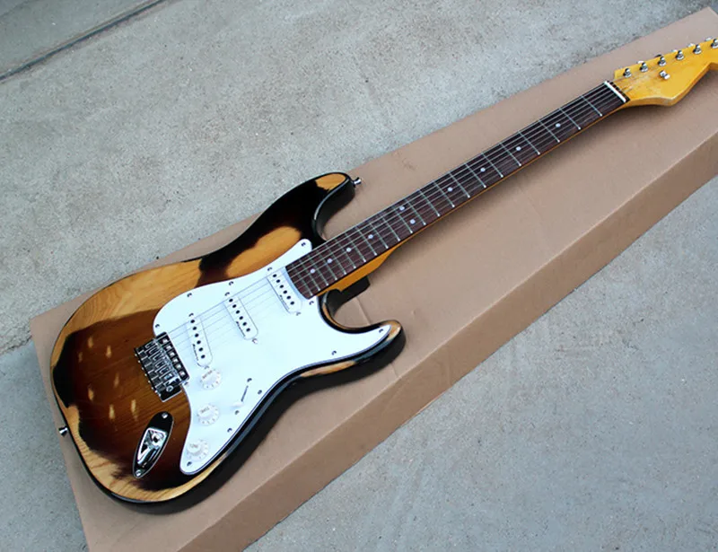 

Factory custom tobacco sunburst retro body electric guitar with SSS pickups,white pickguard,chrome hardware,can be customized