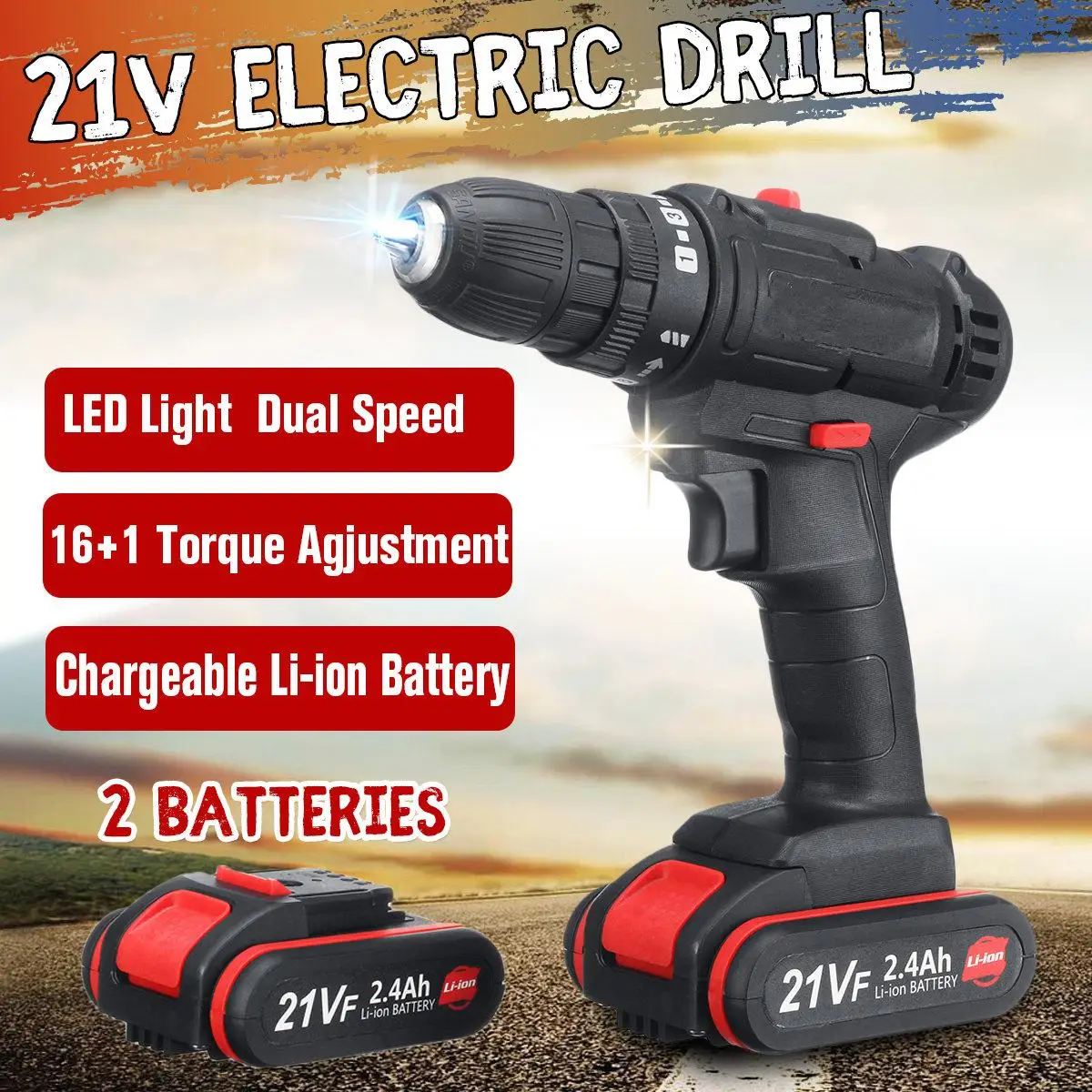 

21V Electric Screwdriver Cordless Drill with 2 Lithium Batteries Rechargeable Mini Drill 2-Speed Wireless Power Tool Hand Drill
