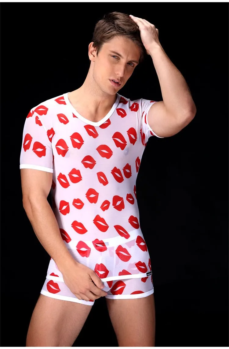 best mens pajamas 2 Pieces Man Lips Print T-shirt + underwear Sexy Men's Undershirts Set Gay Male Net Breathable Sleeping Underwear Hot Sleeve mens short pjs