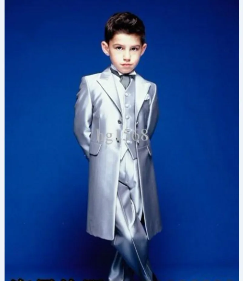 

Long Style Boy Tuxedos Peak Lapel Children Suit Silver Grey Kid Wedding/Prom Suits ( Jacket+Vest+Pants+Bow Tie +Shirt ) NH5