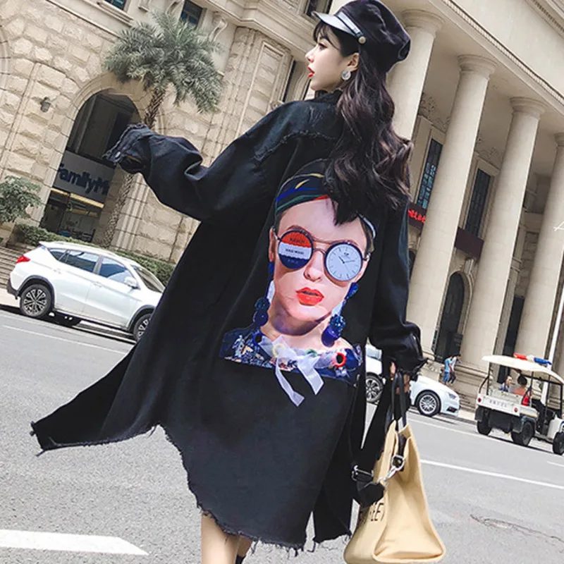 

#3105 2019 Spring Loose Black Long Denim Jacket Women Windbreaker Oversized Loose Plus Size Back Cartoon Girls Streetwear Punk