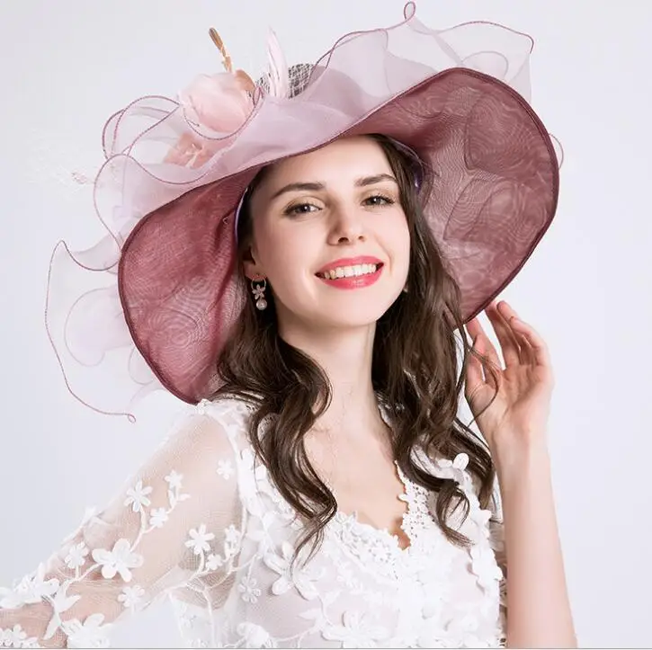 Fashion Women Floral Mesh Kentucky Derby Church Sun Hat Summer Wide Brim Cap Wedding Party Hats Beach Sun Caps Female H3 - Цвет: Light purple