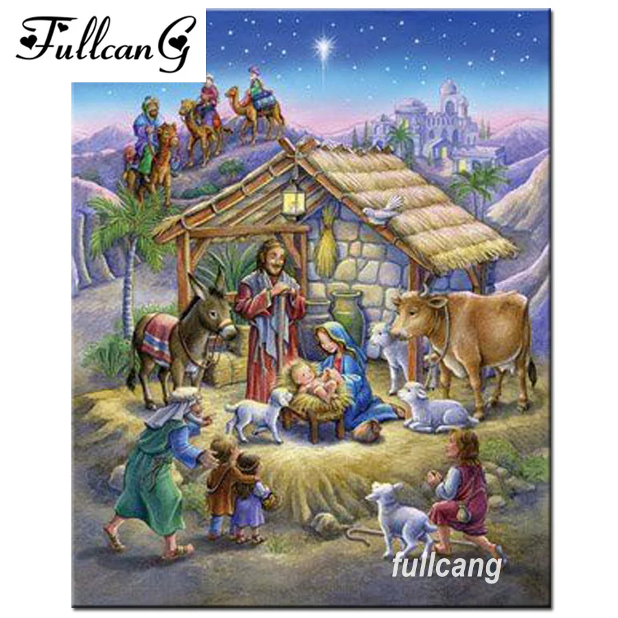 FULLCANG Full Square Diamond Embroidery Jesus Was Born Diy 5D Diamond ...