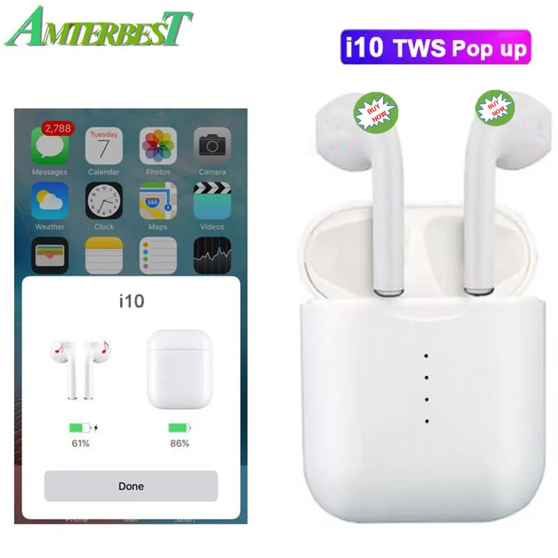 

AMTERBEST Handsfree Headphones I10 TWS Bluetooth Earphone Latest 5.0 True Wireless Earbuds 2-3Hours Play Time for Smartphones