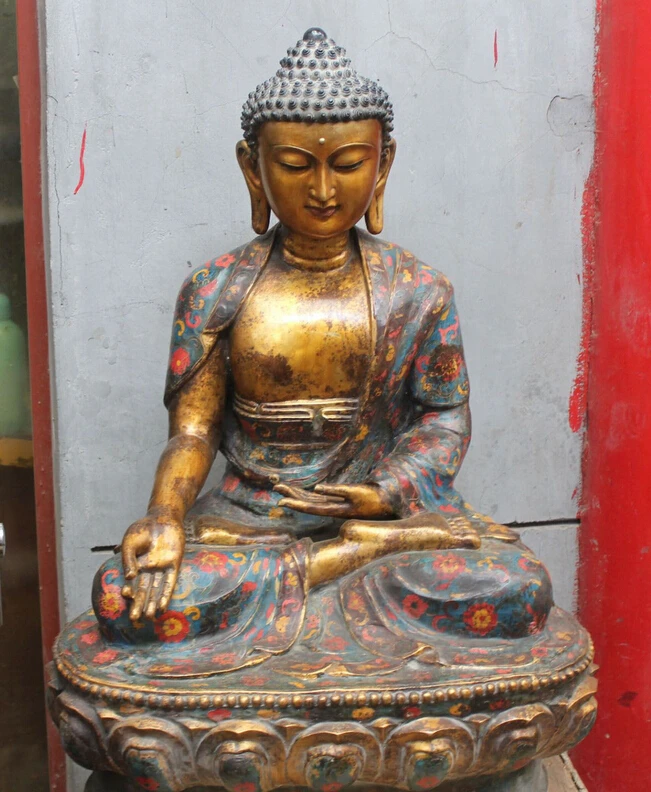 

shitou 001813 34" Tibet Bronze Gilt Cloisonne Enamel Lotus Sakyamuni Shakyamuni Buddha Statue