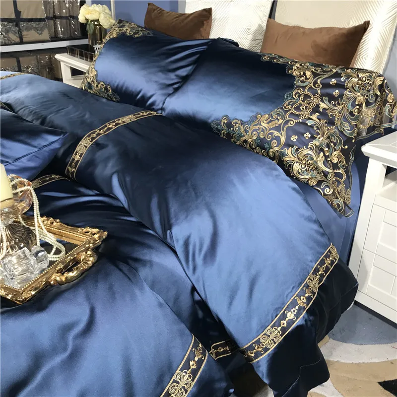 Blue Luxury Romantic Golden Lace Embroidery 100s Silk Cotton Royal