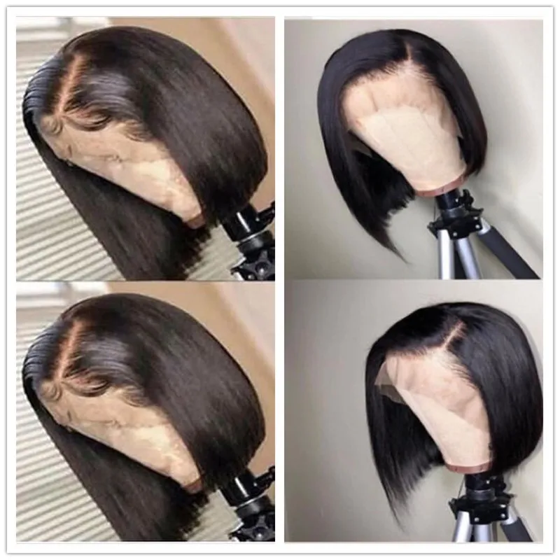 Боковая часть 13x6 Синтетические волосы на кружеве человеческих волос парики тупым срезом предварительно черные прямые фронта шнурка для Для женщин Выбеленные узлы