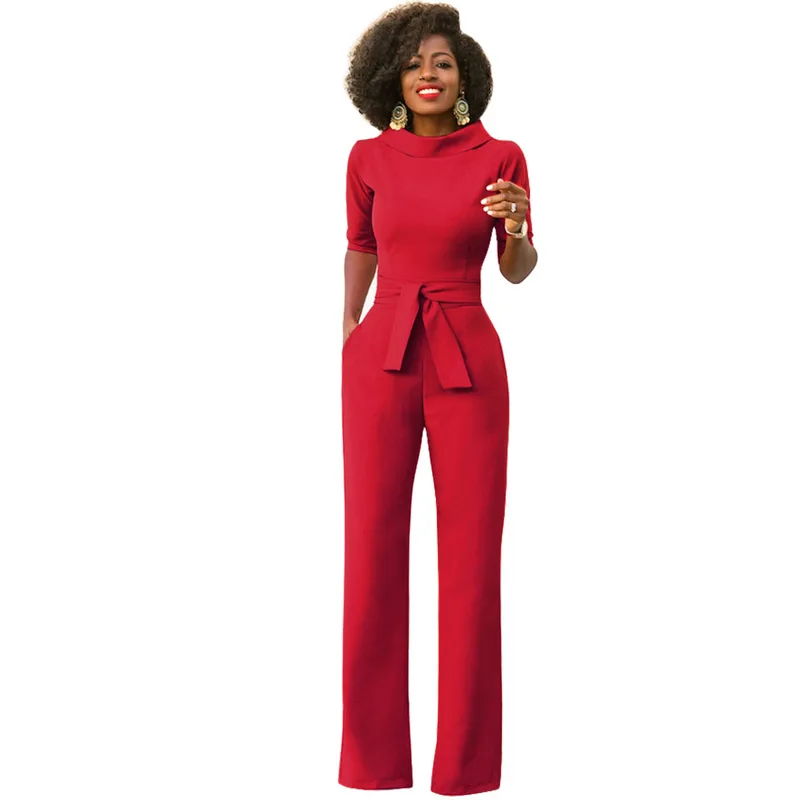 

Women Elegant High Quality Runway Fashion Casual Party Work Office Wide Leg African Full Pants Jumspuit with Pockets 400709