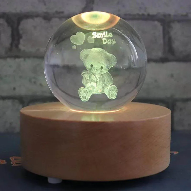 3D Музыкальная шкатулка в виде хрустального шара ночной Светильник Светодиодный Настольные лампы лист лося Роза медведь Одуванчик луна лампа с подарочной коробкой для украшения дома