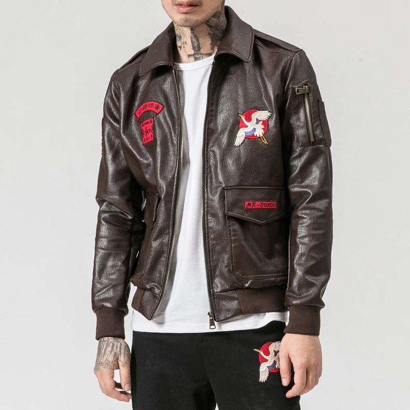 Кожаная куртка с вышивкой в виде Журавля jaqueta de couro masculina мужские кожаные