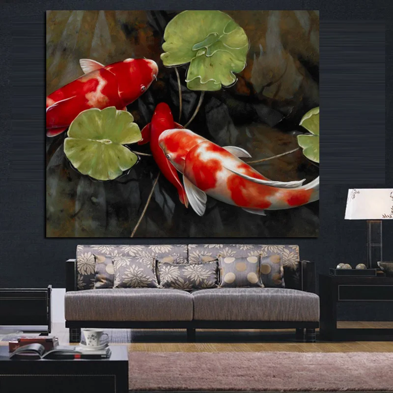 Китайская кои Рыба Лотос Печать на холсте фэн-шуй животный пейзаж Картина Настенная художественная картина для гостиной Moder украшение дома