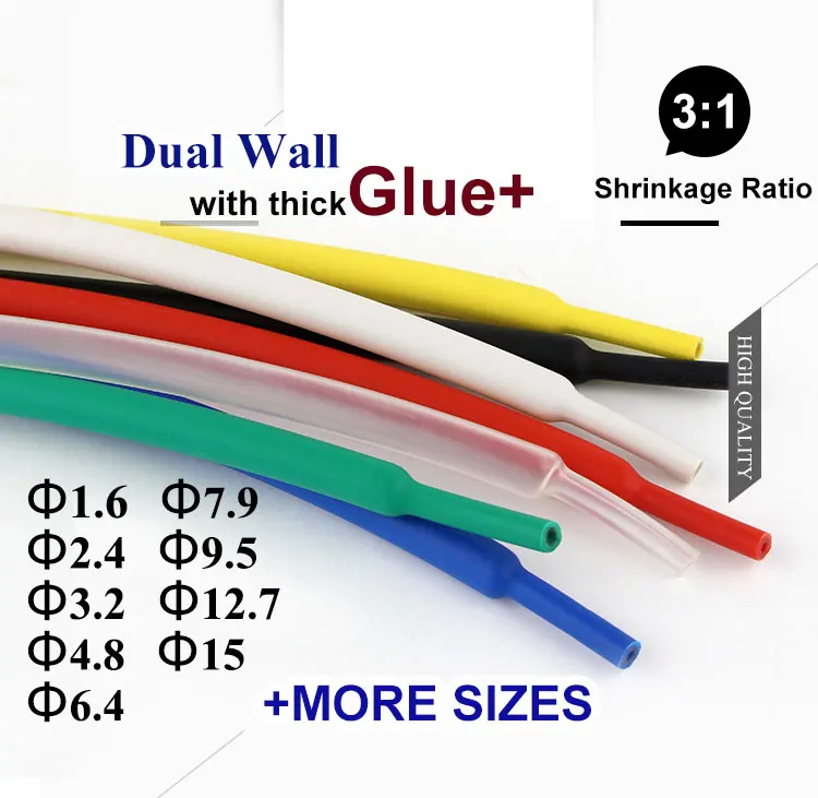 

3:1 ratio Heat Shrink Tube Adhesive Lined with Glue Dual Wall Tubing Wrap Wire Cable kit 1.6mm 2.4mm 3.2mm 4.8mm 6.4mm 7.9mm 9.5