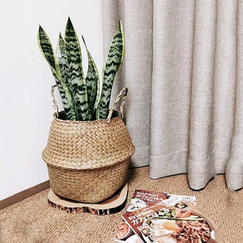 

Woven Seagrass Basket, Woven Seagrass Tote Belly Basket for Storage, Laundry, Picnic, Plant Pot Cover & Beach Bag