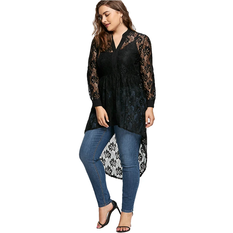  Wipalo Women Plus Size Blouse Autumn Peplum Long Sleeve High Low Lace Shirts Tunic Through Button U