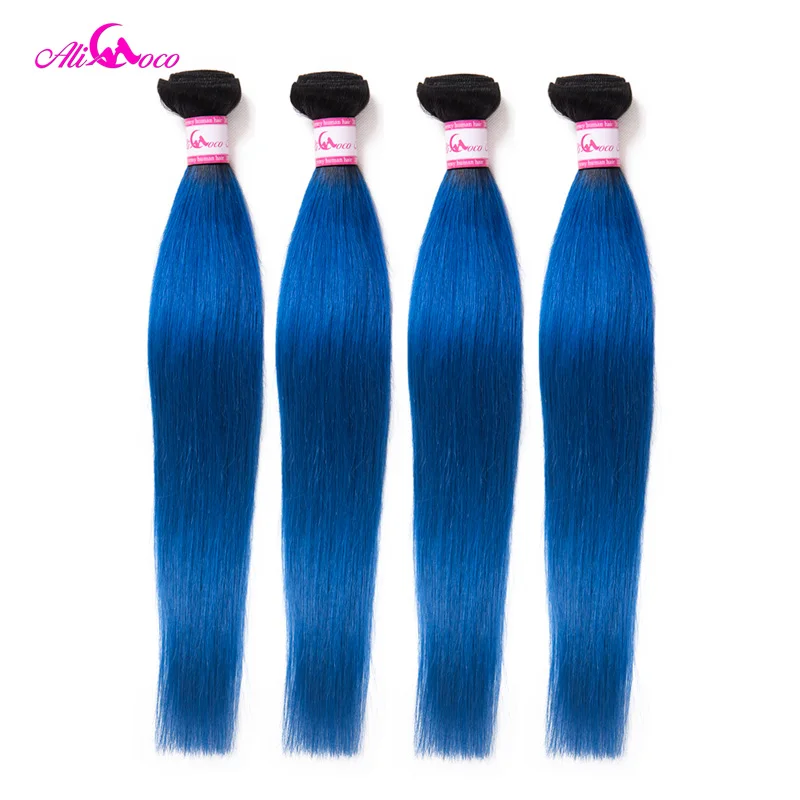 Ali Coco Brazilian Straight Hair 1/3/4 Bundles 1B/Blue Color 100% Human Hair Weave Extensions 10-30 Inch Remy Hair Weave Bundles