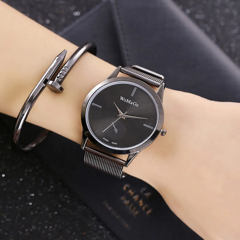 Womage Брендовые Часы для женщин цвета розового золота популярные дизайнерские женские наручные часы Простой стиль легирующий ремешок платье кварцевые часы