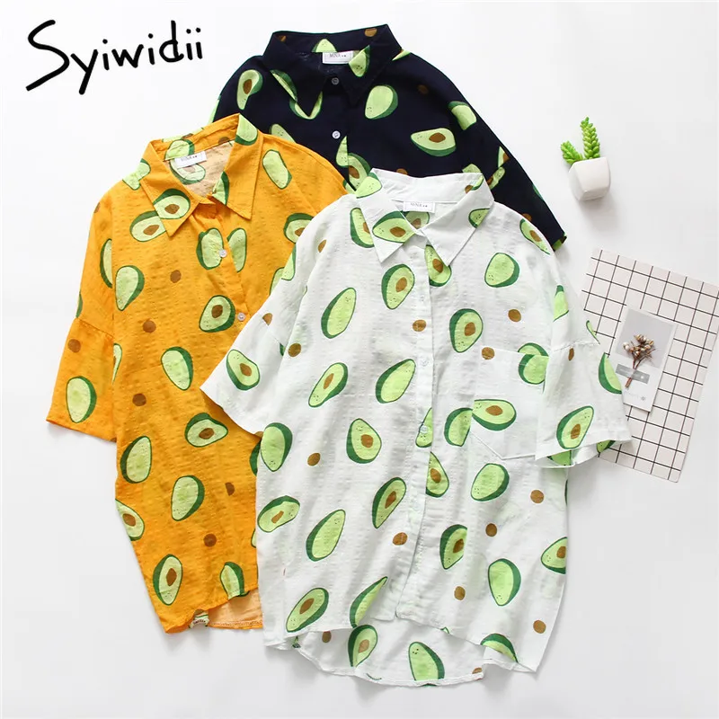 

Hawaii Women Blouses Beach Style Turn Down Collar Fruit Print Fashion Blouse 2019 Summre Boho Casual Womens White Yellow Shirts