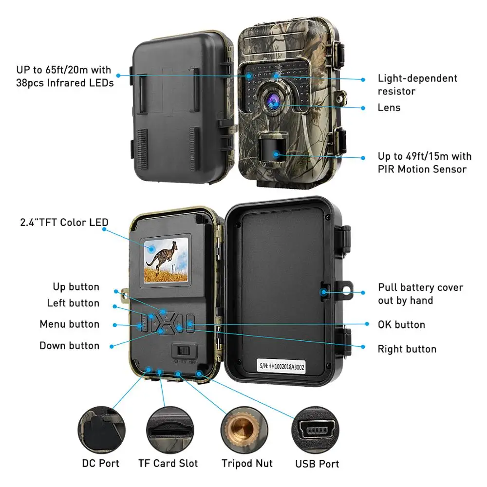 Охотничья Следовая камера 1080P 16MP Скаутинг для дикой природы ИК ночного видения IP66 20 м Водонепроницаемая видеокамера с животными