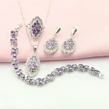 ASHLEY Purple Cubic Zirconia Plata Conjuntos de Joyas Para Las Mujeres Gota Pendientes/Pulsera/Collar/Pendiente/Del Anillo Caja de Regalo libre