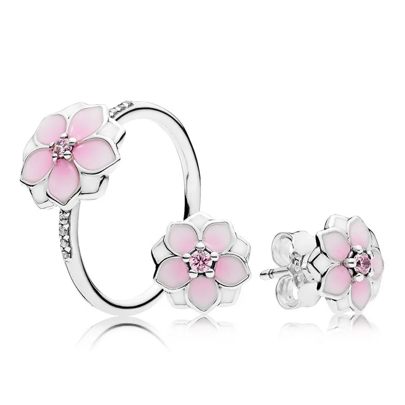 

Pandulaso Magnolia Bloom Pink CZ Crystal Silver Rings & Stud Earrings Jewelry Sets for Women Fashion Silver 925 Jewelry Gift Set