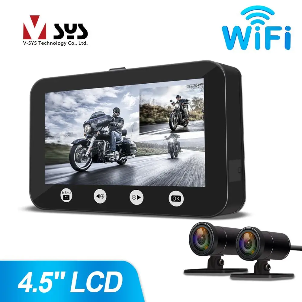 

SYS VSYS P45 WiFi Dual Full HD 1080P Motorcycle Dash Camera DVR System 4.5'' LCD Full Body Waterproof Front & Rear View Lens