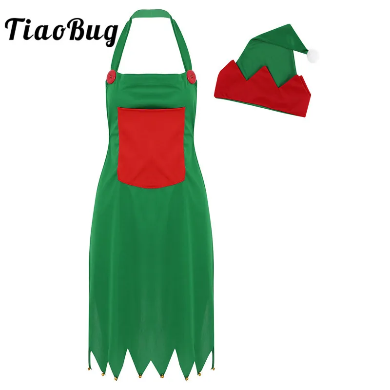 

TiaoBug Women Men Christmas Elf Costume Fairy Apron with Santa Hat Set Festival Kitchen Aprons Adult Fancy Cosplay Party Costume
