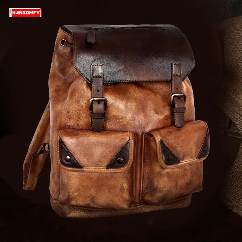 

New first layer cowhide Men backpacks large capacity computer shoulder bag retro real genuine leather travel men's backpack