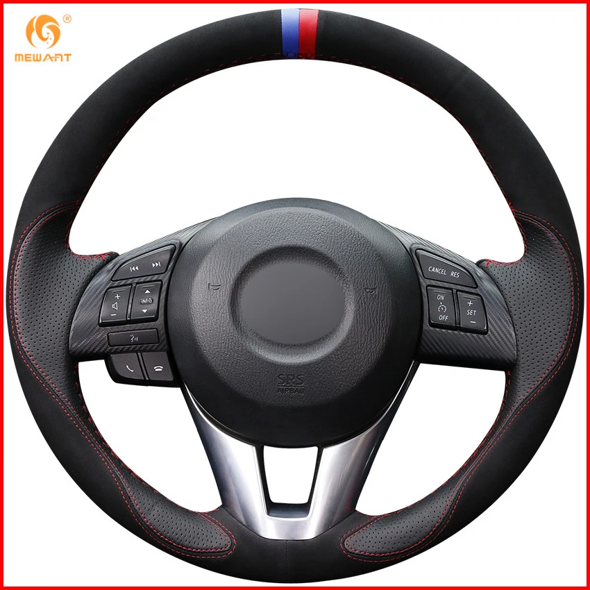 MEWANT Black Leather Black Suede Car Steering Wheel Cover for Mazda 3