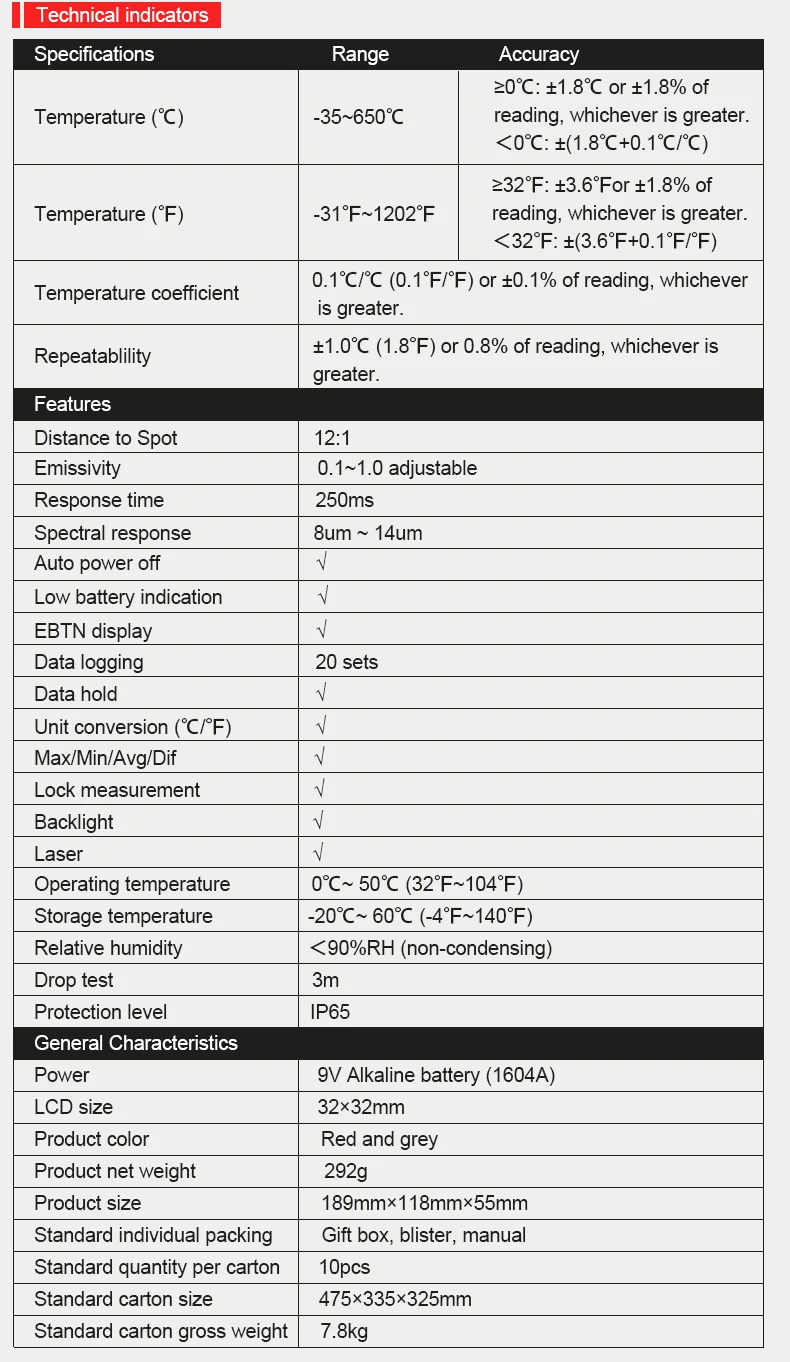 UNI-T UT309D Профессиональный Бесконтактный инфракрасный термометр EBTN дисплей IP65, пылезащитный и водонепроницаемый термометр