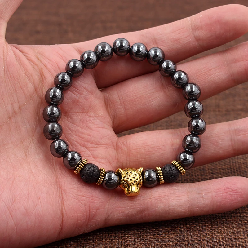 Hematite Stone Bead Bracelet Panther Crown Lion Charms bracelet jewelry