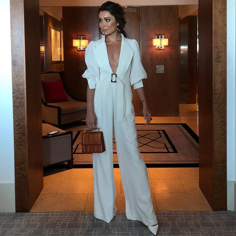 

Winter new elegant slim office jumpsuit 2019 spring sexy white women's long-sleeved V-neck jumpsuit celebrity party jumpsuit