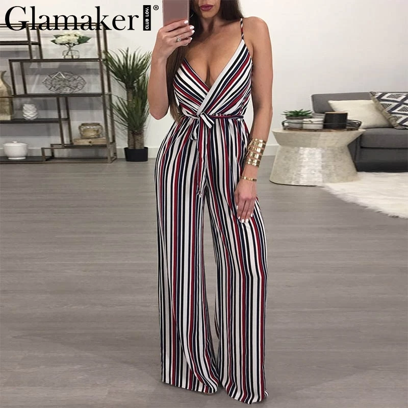 

Glamaker Striped print summer jumpsuit romper Women deep v neck long sexy playsuit Boho beach female overalls jumpsuits rompers
