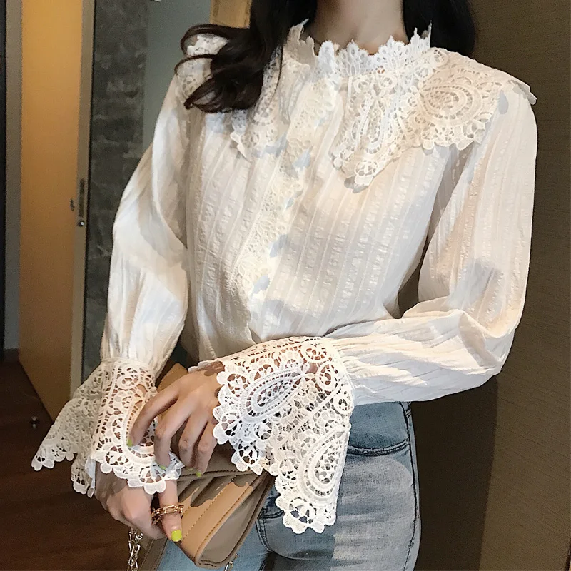 

spring style white Women's Clothing Korean Blouses lace patchwork flare sleeve loose shirts hollow out fashion woman tops new