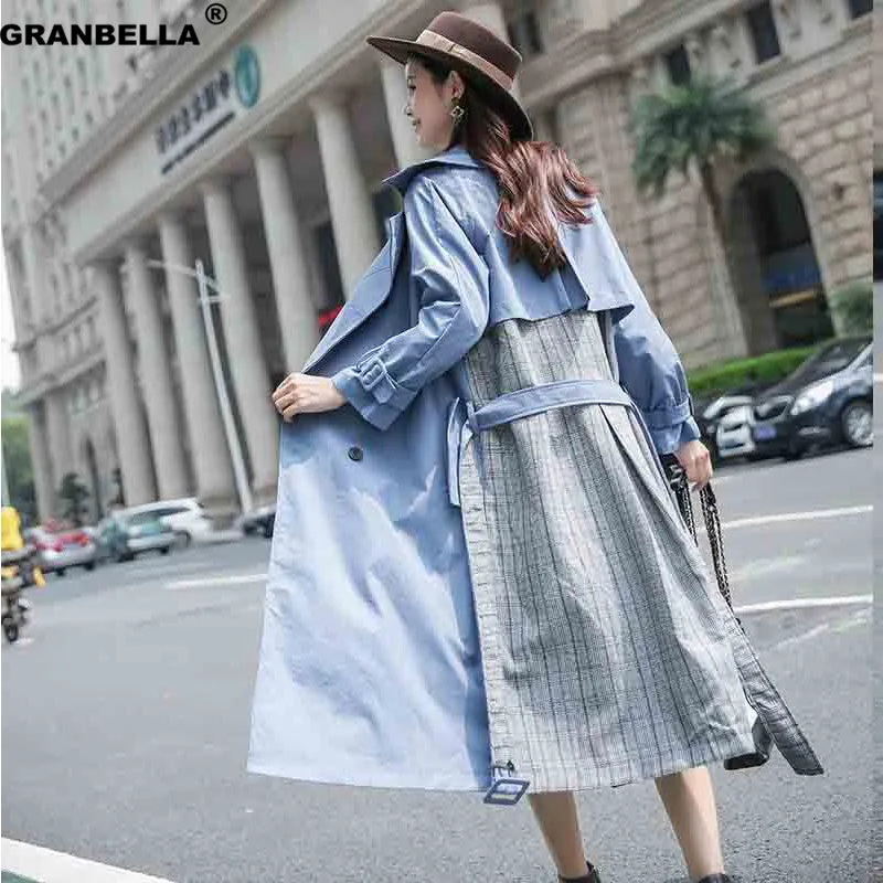 

Women Vintage patchwork Plaid print casual trench coat plus size office lady llattice Outerwear With belts female chic raincoat