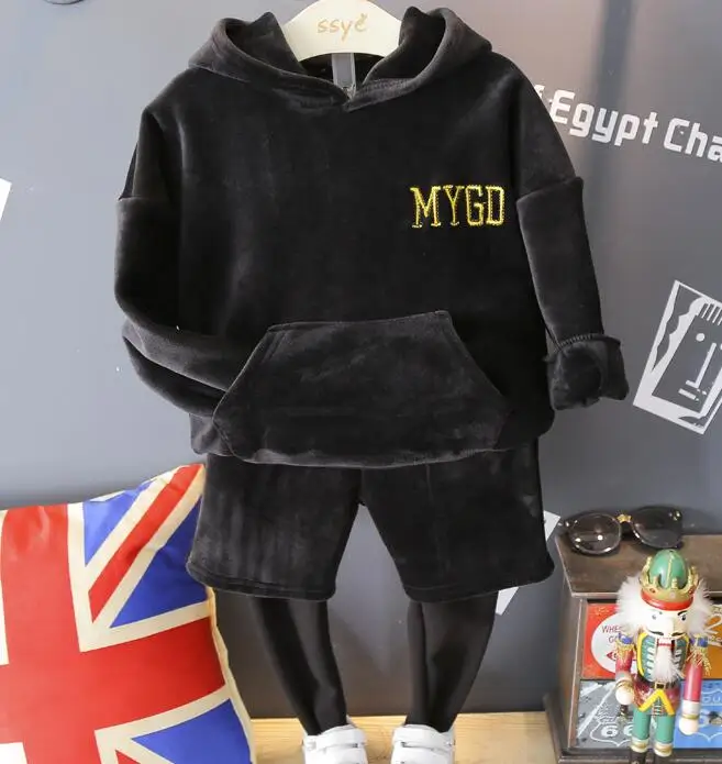 

2016 winter and autumn 2pcs clothes sets children letters hooded warm pullover composite plus velvet thicker two sets