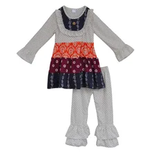 2016 Fashion Autumn Girls Boutique Outfits 2 Pcs 100 Cotton long-sleeved Top Polka Dots Ruffle Pants Children Clothing CTZ-124