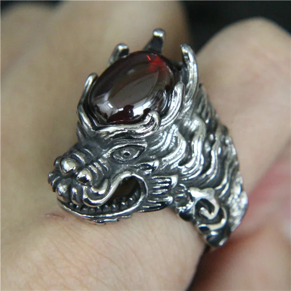 

Band Party Chinese Dragon Ring 316L Stainless Steel Mens Ring Cool Punk Large Red Stone Ring