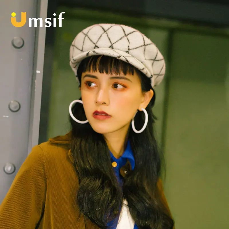 

2018 New Winter Women Classic Plaid Wool Beret Women's Vintage Wide Brim French Style Berets Hats Female Beanies Hat Newsboy Cap