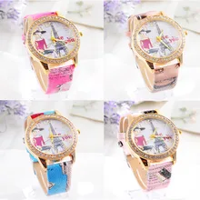 2017 Nueva Moda Torre Eiffel Mujeres Del Reloj Reloj de Pulsera de La Vendimia Elegante Del Diamante de LA PU Señoras de La Correa Relojes montre femme #2522