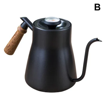 

Stainless Steel Coffee Kettle Wood Handle Long Mouth Coffee Making Bottle Pot with Thermometer TB Sale