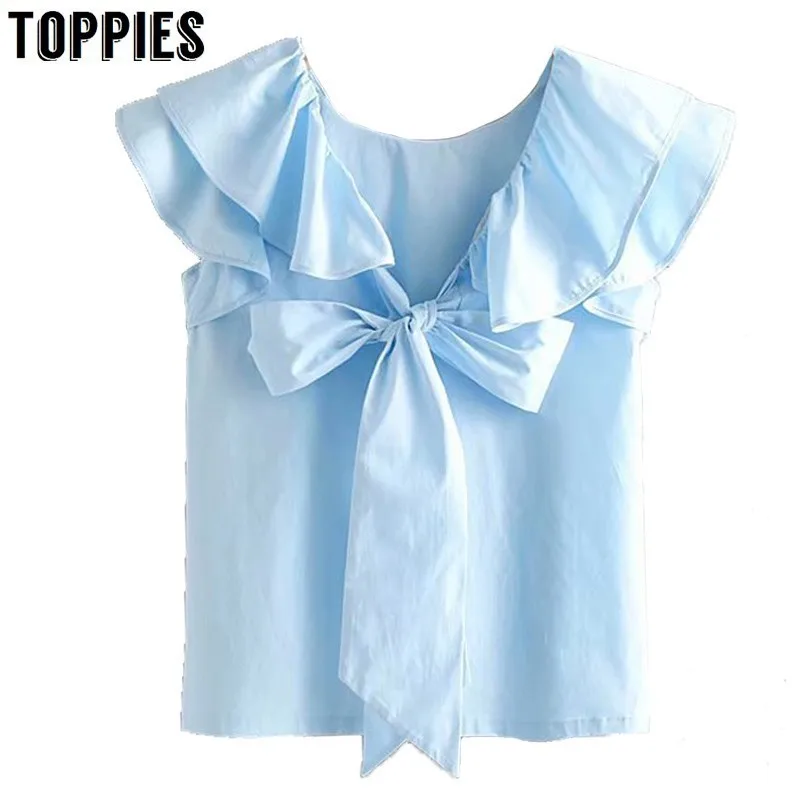 

Sexy Hollow Out Back Bow Ruffles Shirts Summer Lady Tops Lolita Cute White Blouses Tops Solid Color