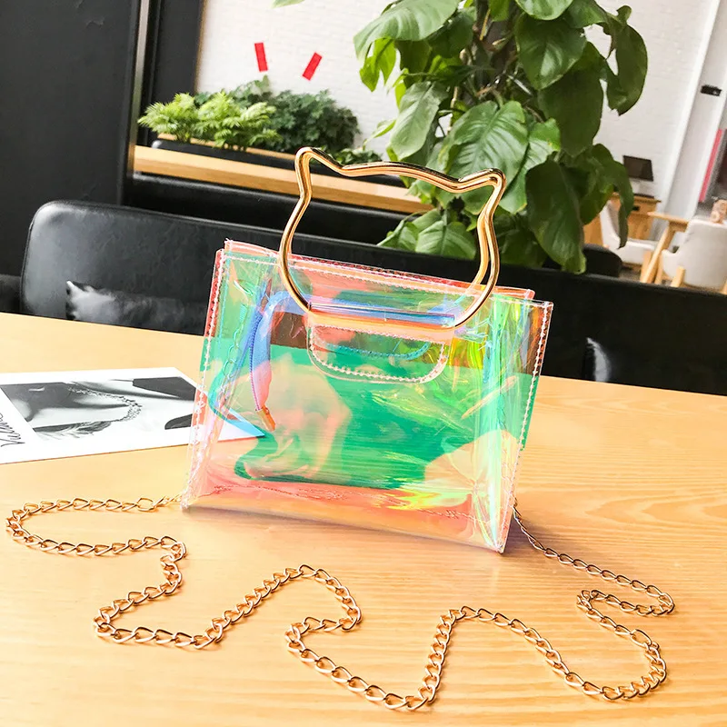 

Colorful Laser bags for women 2019, Transparent Bags with Cat head shape handle,Fashion Women Shoulder Bags ,Pvc waterproof Bag