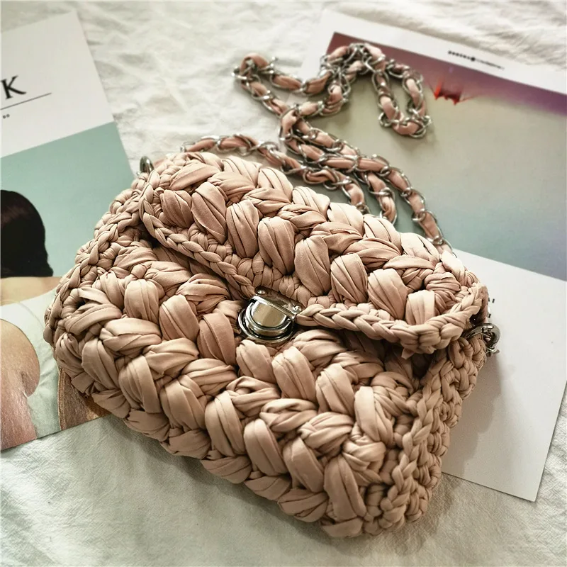 Новинка, модная леопардовая сумка через плечо, тканая вязаная сумка, женская сумка-мессенджер с клапаном, Хлопковая сумка на плечо ручной работы OC602 - Цвет: Beige lock