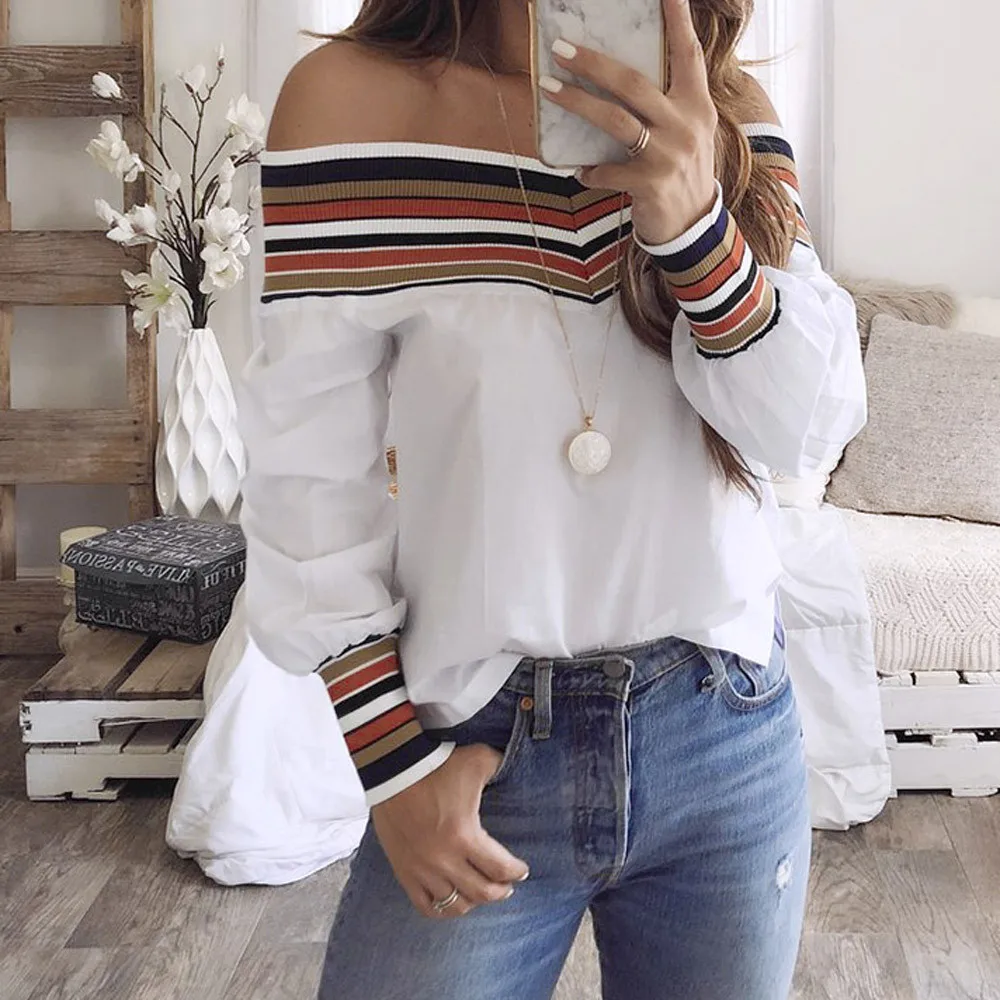 

Women's Spring Casual Colorful Long Sleeve Off Shoulder Top Off Shoulder Print Knit Splicing Top Shirt-49