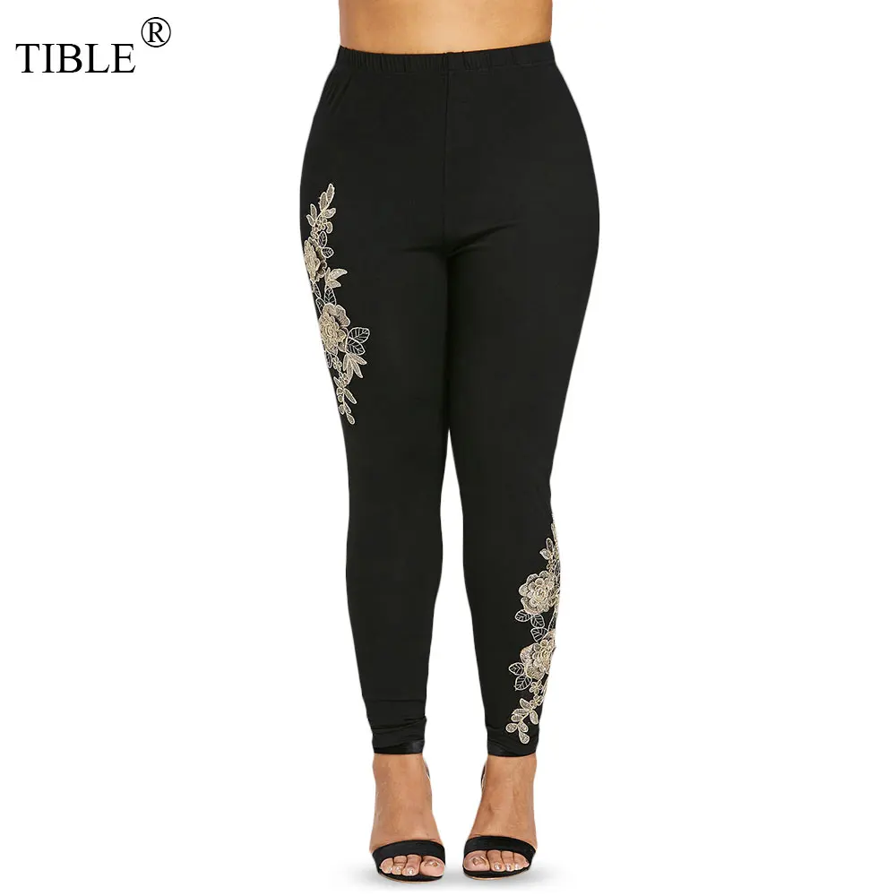 TIBLE Plus Size Legging Floral Embroidered Women Leggings Black Elastic