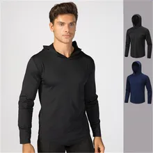 Бренд для мужчин спортивная футболка толстовки с капюшоном черный Бег Топ полиэстер Твердые длинным рукавом фитнес тренажерный зал