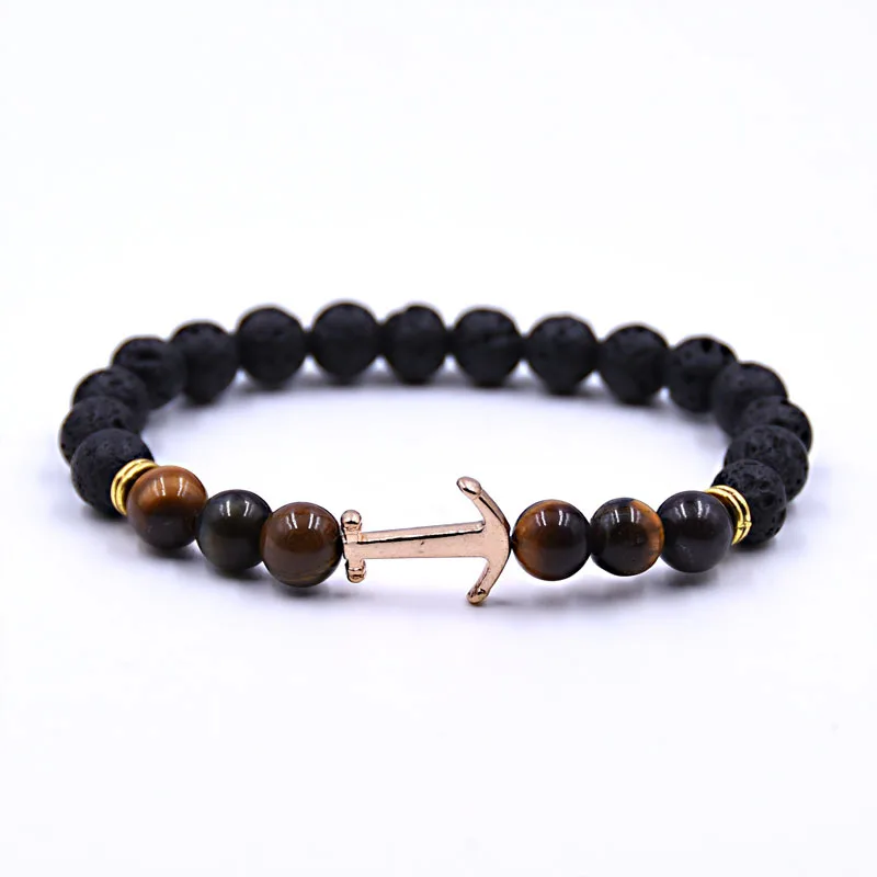 Браслет Lava Stone с якорем, браслеты для женщин Pulseira Masculina, мужские украшения-браслеты Feminina, эластичные мужские браслеты