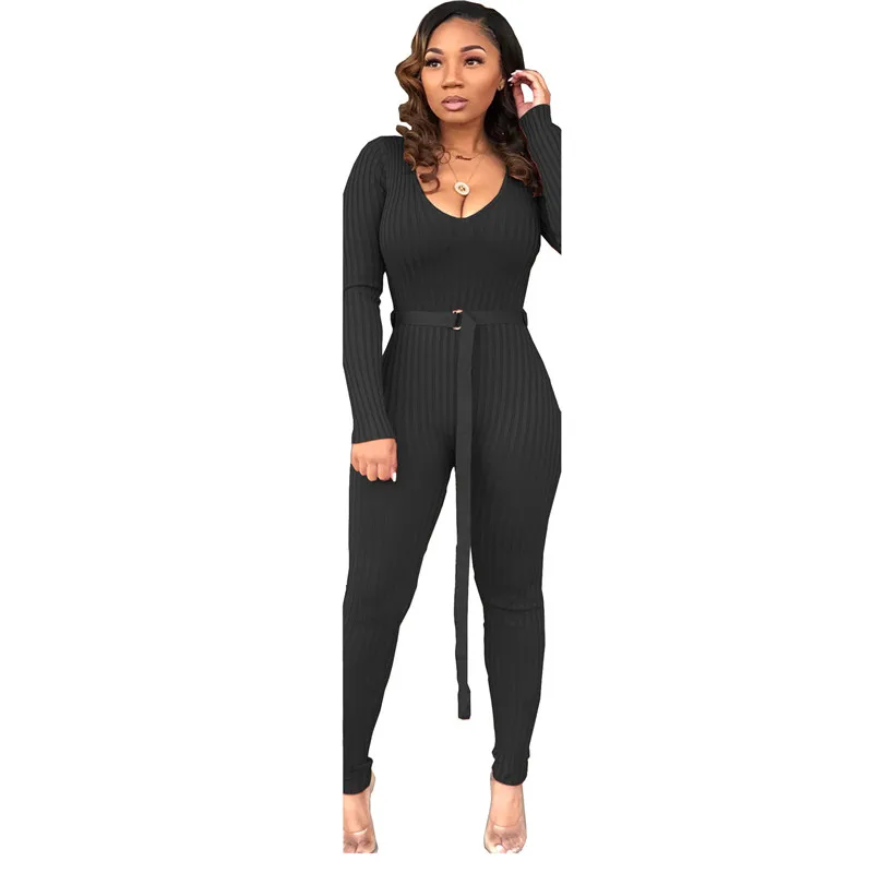 Adogirl Solid Ribbed Knitting Skinny Jumpsuit with Belt Women Sexy Deep V Neck Long Sleeve Casual Romper Club Overall Tracksuit
