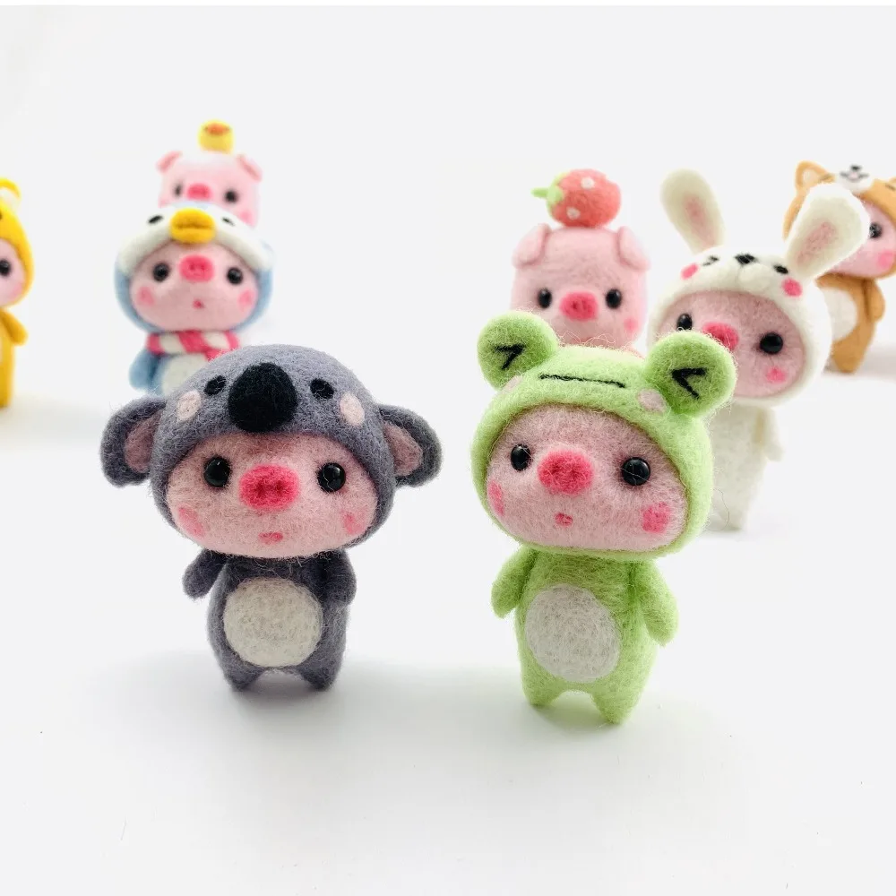 Non-Finished Felt Kids Creative Lovely Pink Pig Handmade Toy Doll Wool Felt Poked Kitting Non-Finished DIY Wool Felting Package