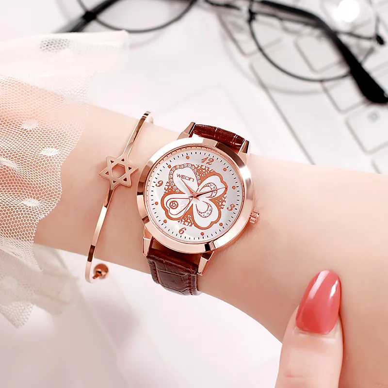 

Fashion Flower Women Quartz Watch Four-leaf clover Leather WristWatch Female Rhinestone Dial Watches Lover Gift Clock